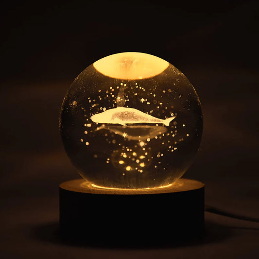 Fish 3D Crystal Ball Lamp with Wooden Base