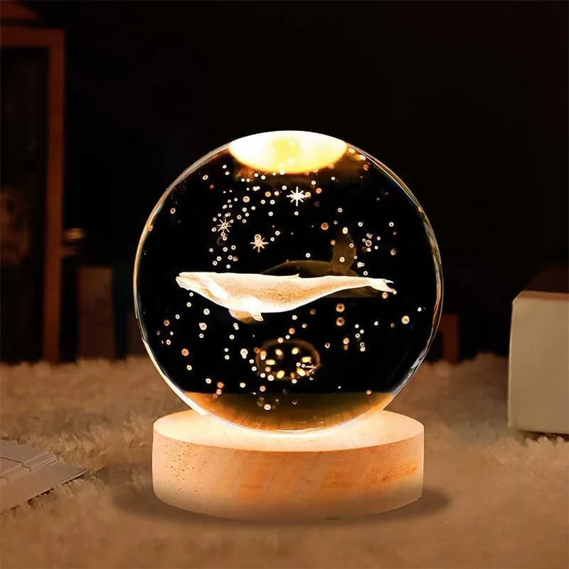 Fish 3D Crystal Ball Lamp with Wooden Base